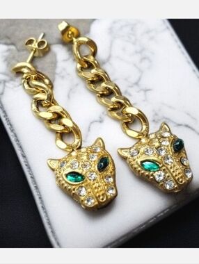 18k Gold Plated Luxury Panther Zircon Emerald Crystal Chain Dangle Earrings